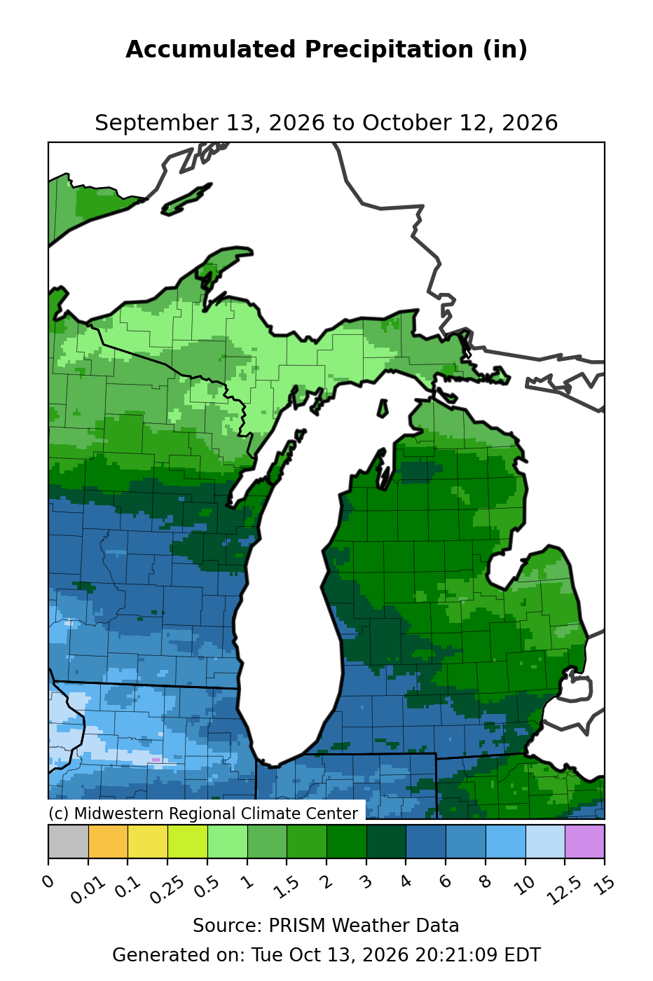 Total Precipitation, Michigan, past 30 days. Open larger map and regional text values.
