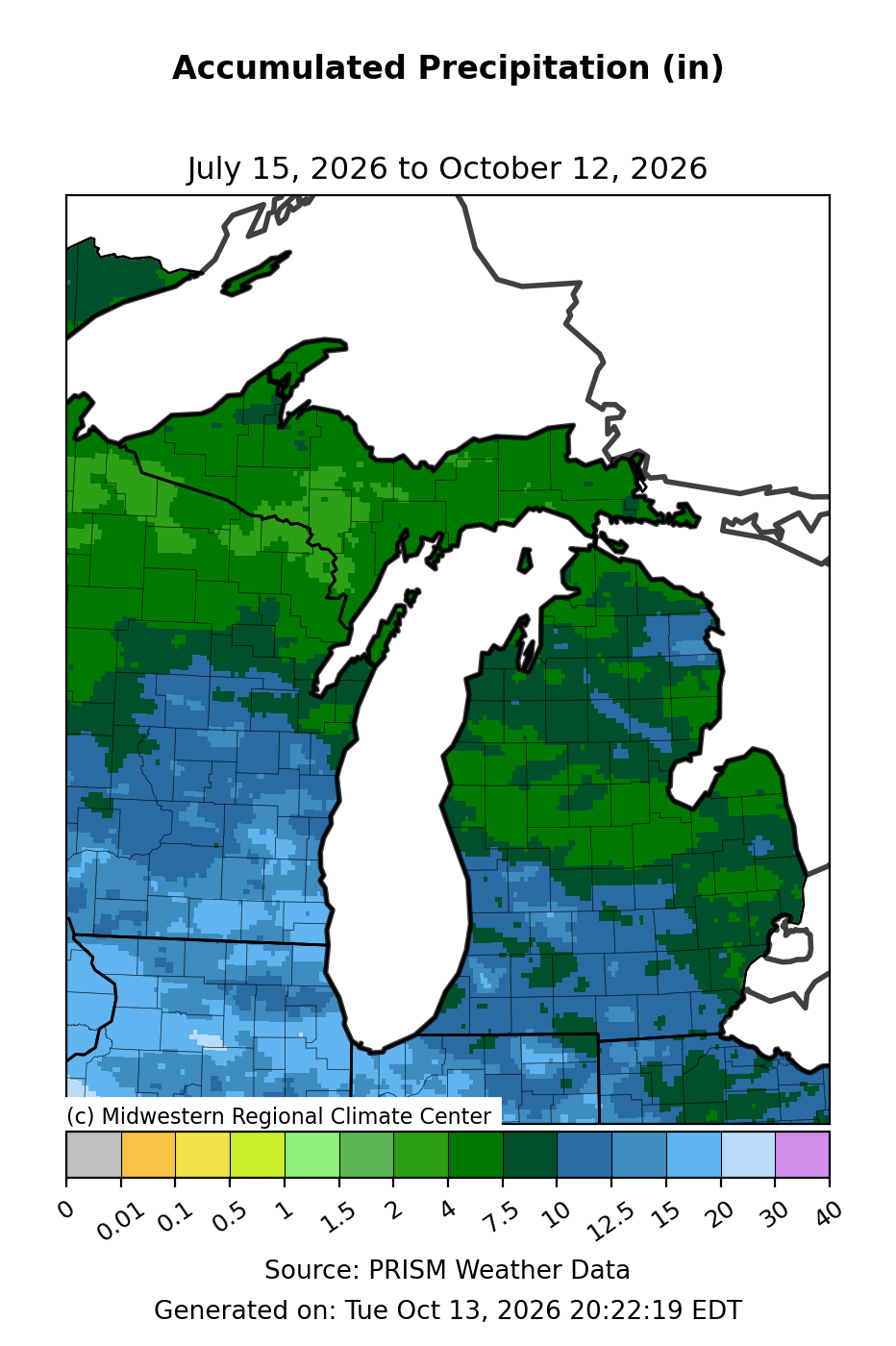 Total Precipitation, Michigan, past 90 days. Open larger map and regional text values.