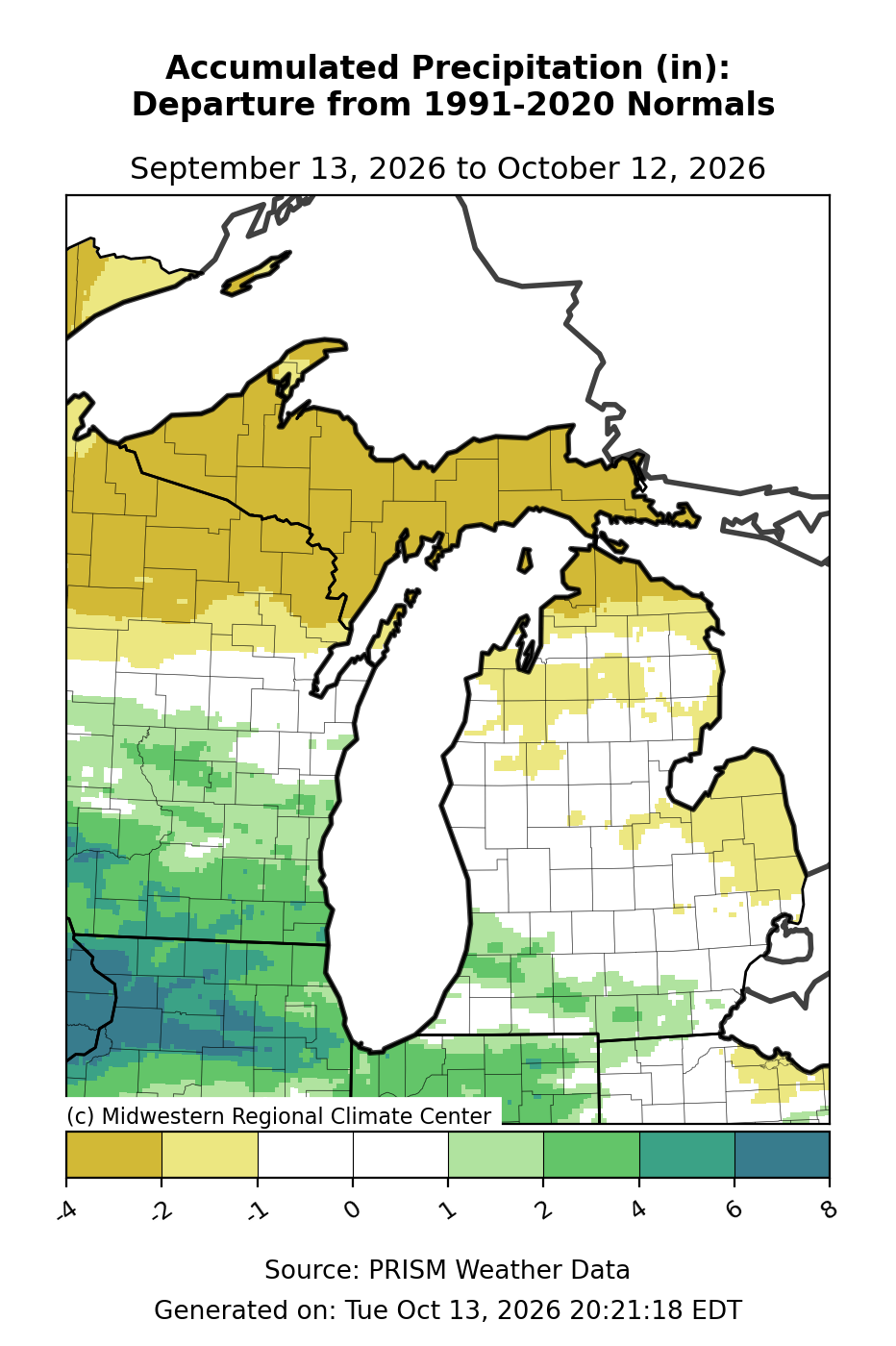 Total Precipitation - Departure from Mean, Michigan, past 30 days. Open larger map and regional text values.