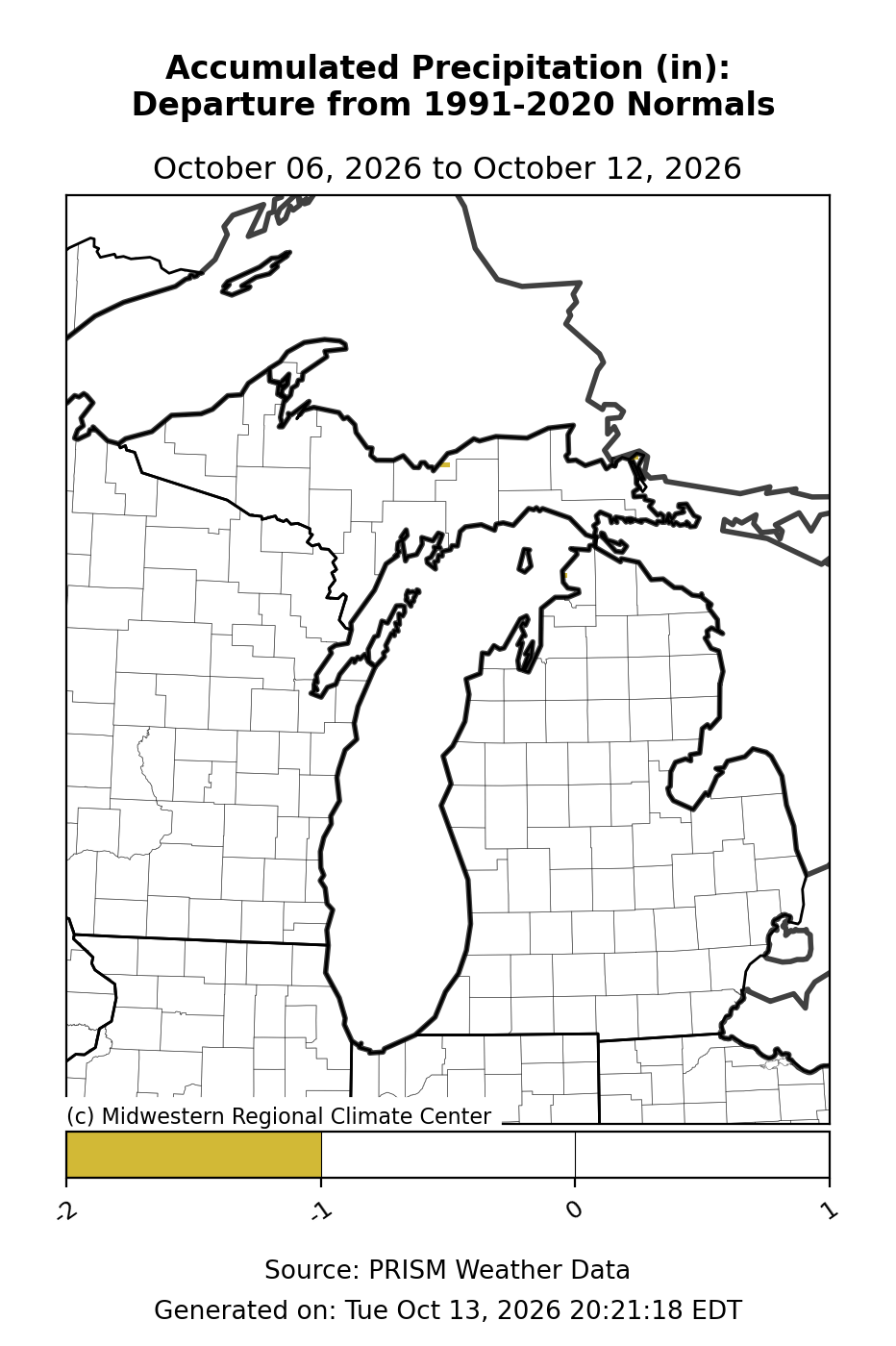 Total Precipitation - Departure from Mean, Michigan, past 7 days. Open larger map and regional text values.