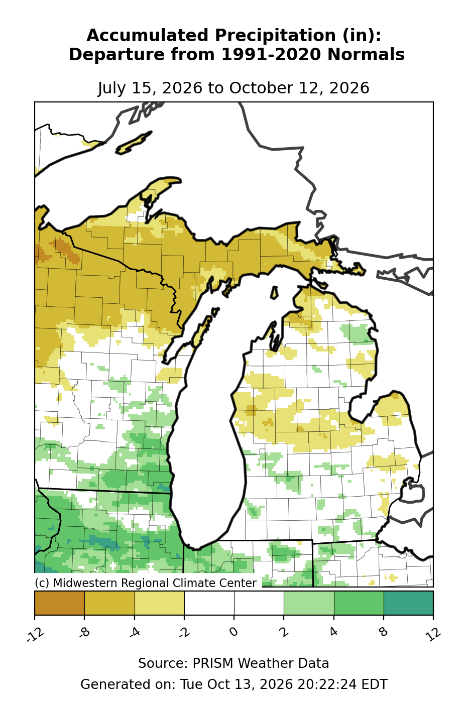Total Precipitation - Departure from Mean, Michigan, past 90 days. Open larger map and regional text values.
