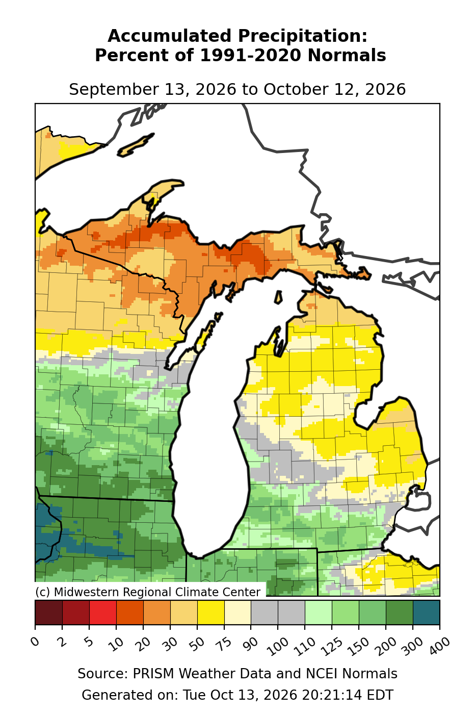 Total Precipitation - Percent of Mean, Michigan, past 30 days. Open larger map and regional text values.