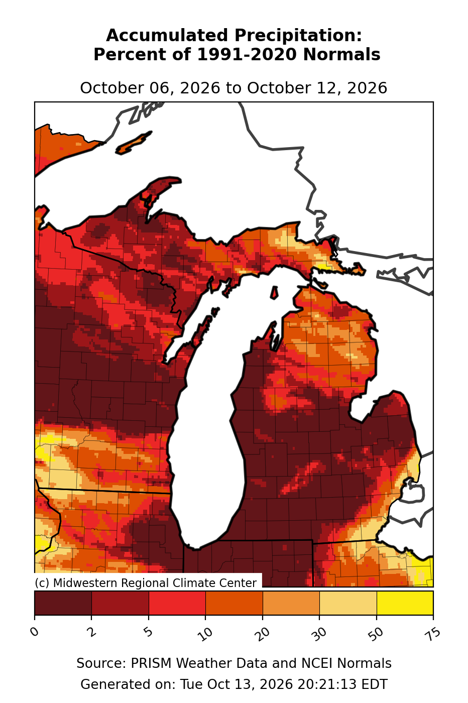 Total Precipitation - Percent of Mean, Michigan, past 7 days. Open larger map and regional text values.