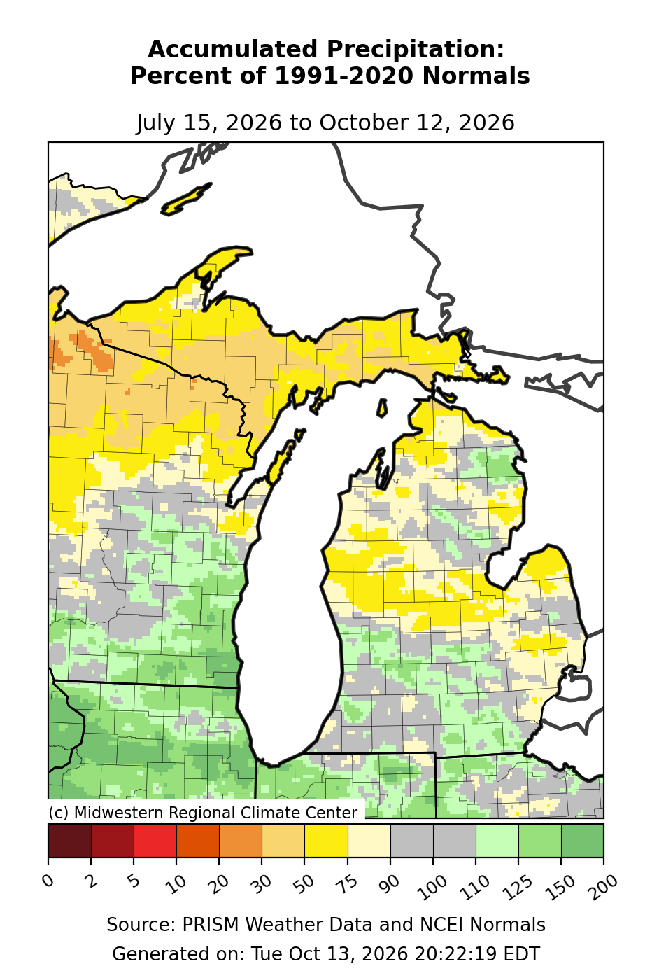 Total Precipitation - Percent of Mean, Michigan, past 90 days. Open larger map and regional text values.