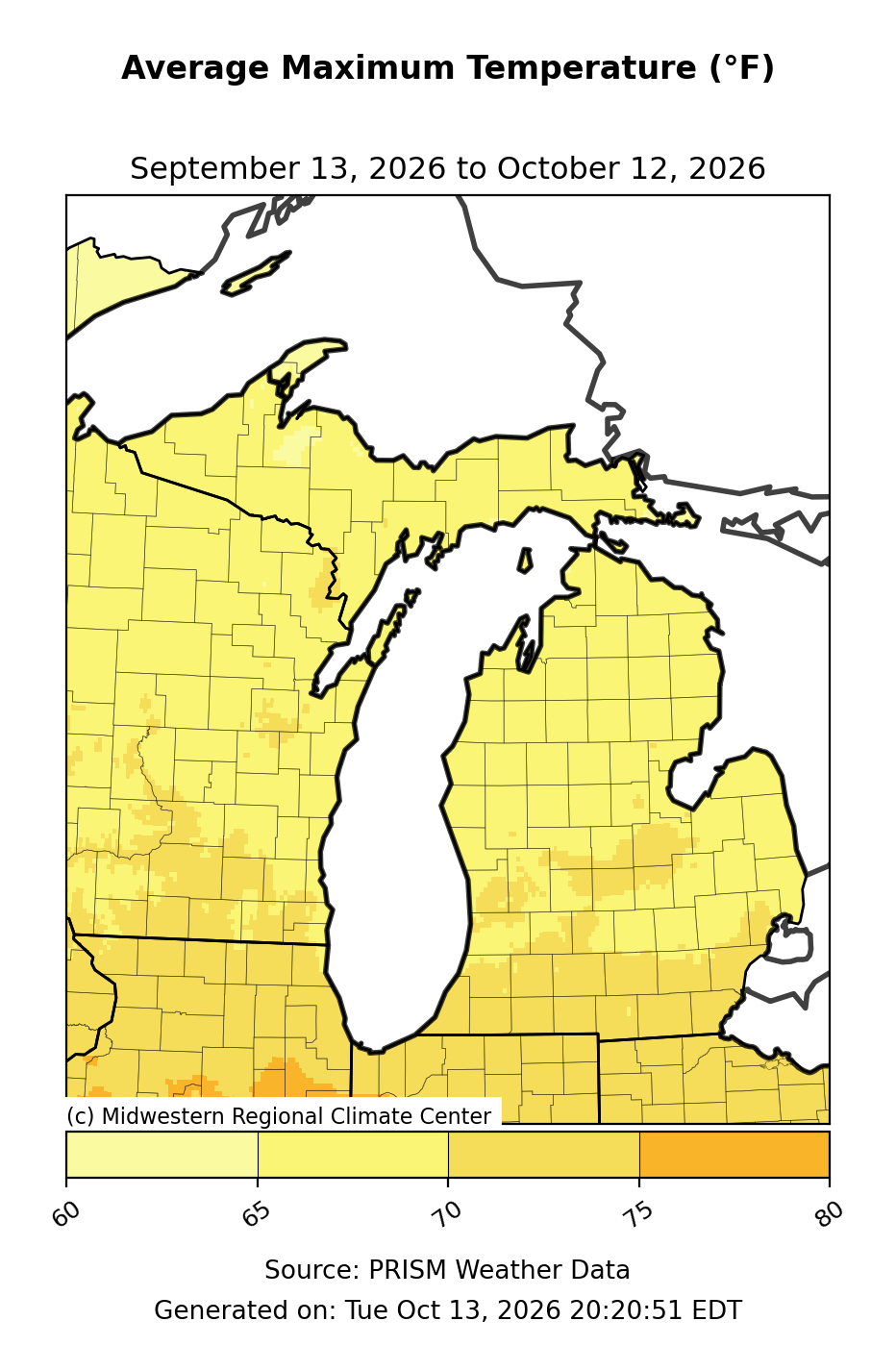 Average High Temperature, Michigan, past 30 days. Open larger map and regional text values.