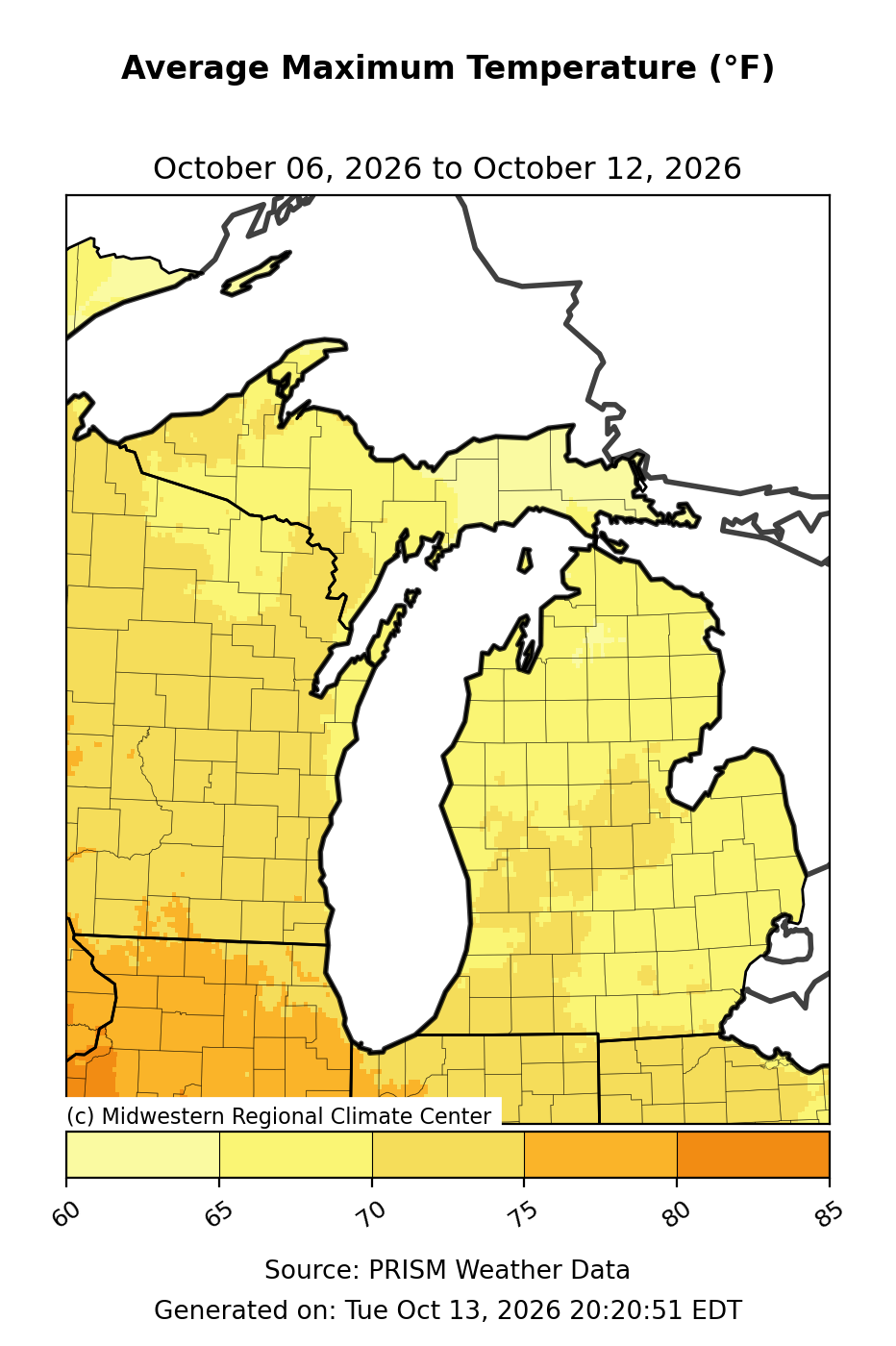 Average High Temperature, Michigan, past 7 days. Open larger map and regional text values.