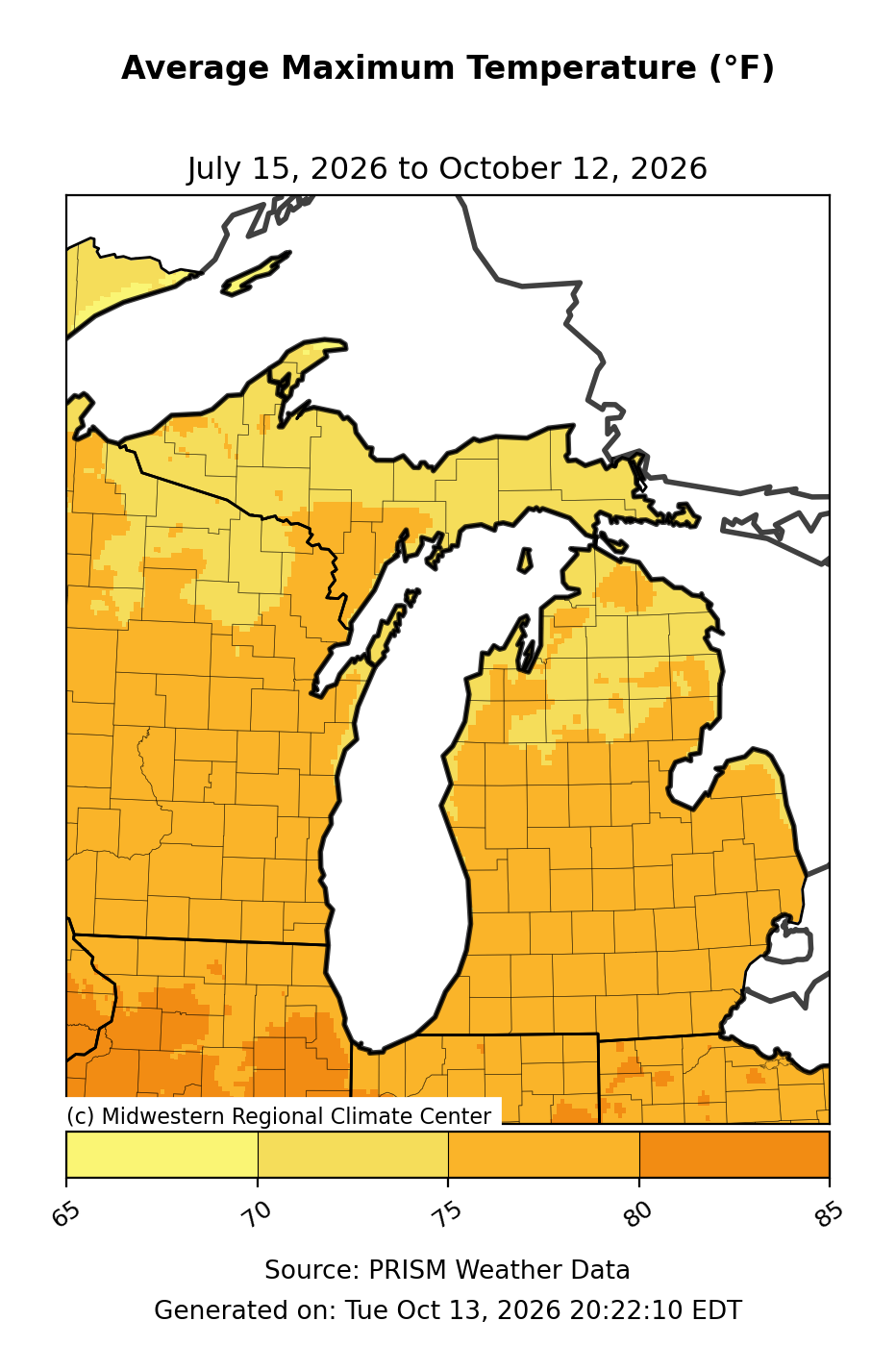 Average High Temperature, Michigan, past 90 days. Open larger map and regional text values.