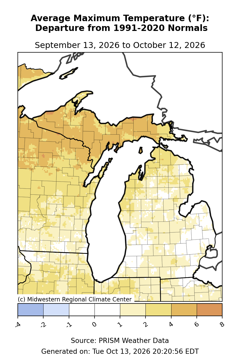 Average High Temperature - Departure from Mean, Michigan, past 30 days. Open larger map and regional text values.