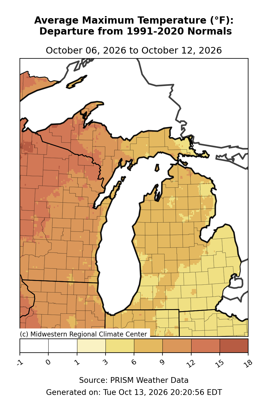 Average High Temperature - Departure from Mean, Michigan, past 7 days. Open larger map and regional text values.