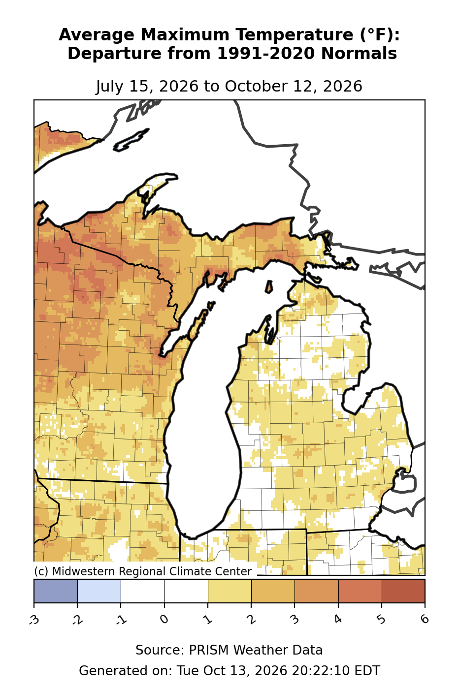 Average High Temperature - Departure from Mean, Michigan, past 90 days. Open larger map and regional text values.