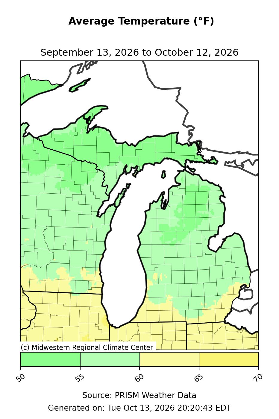 Average Temperature, Michigan, past 30 days. Open larger map and regional text values.