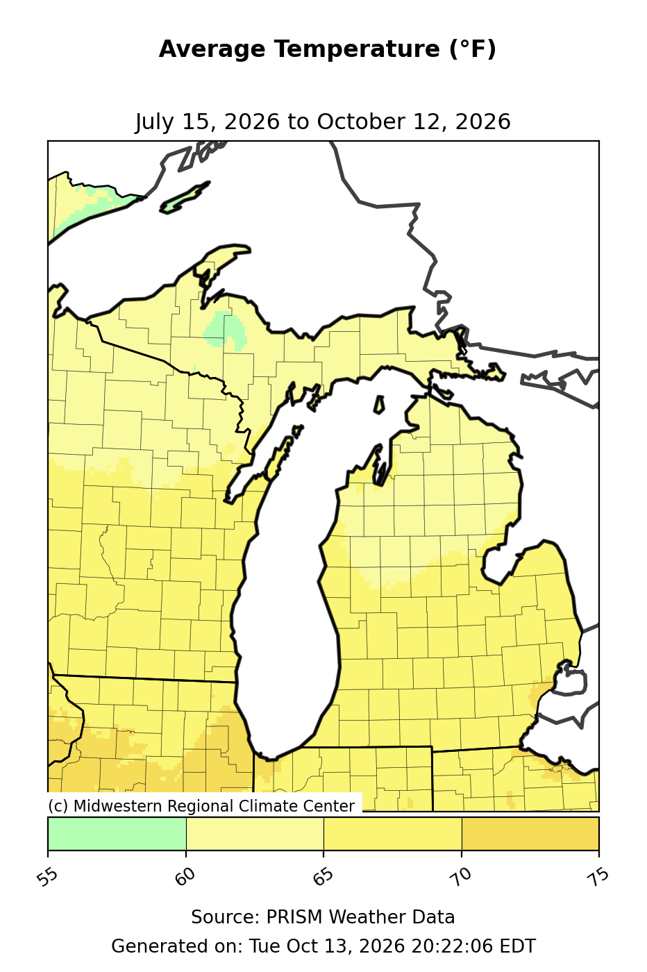Average Temperature, Michigan, past 90 days. Open larger map and regional text values.