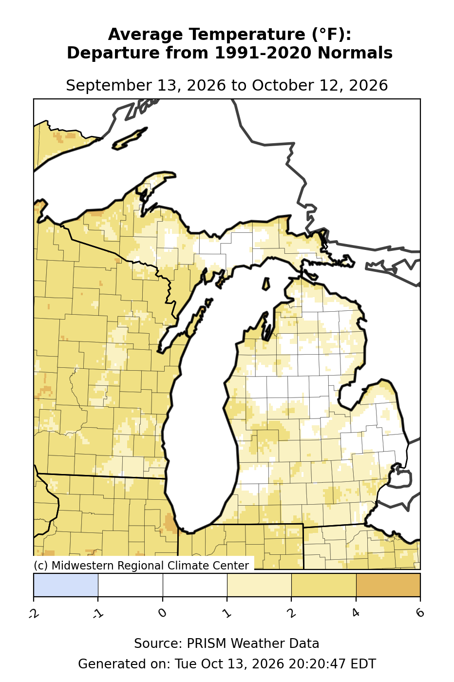 Average Temperature - Departure from Mean, Michigan, past 30 days. Open larger map and regional text values.