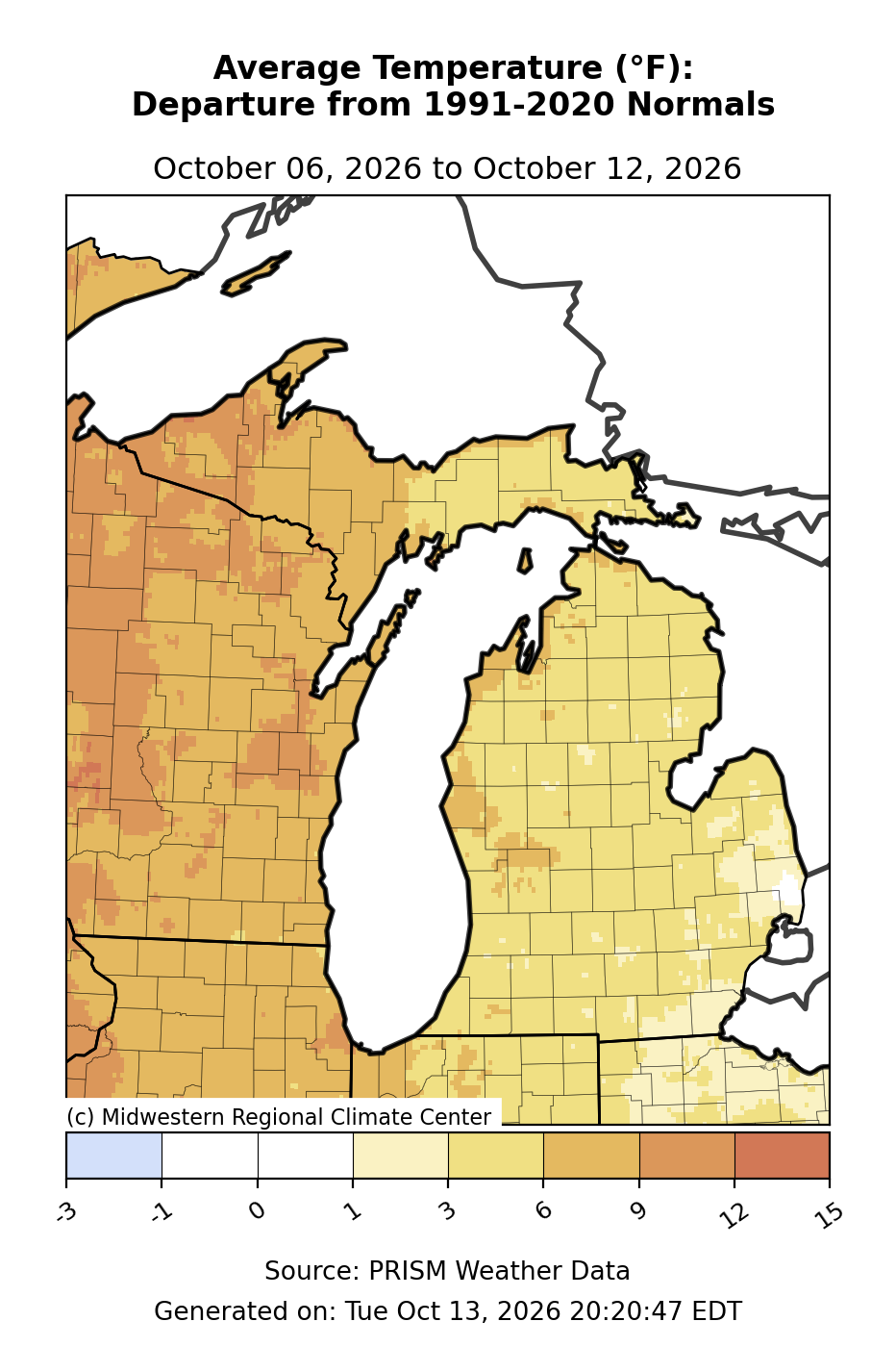 Average Temperature - Departure from Mean, Michigan, past 7 days. Open larger map and regional text values.