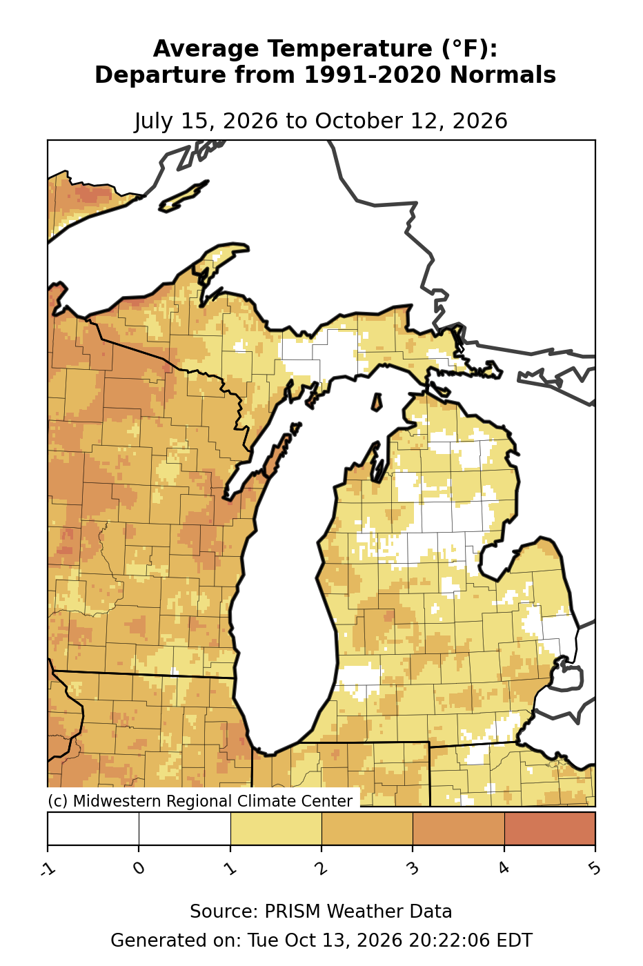 Average Temperature - Departure from Mean, Michigan, past 90 days. Open larger map and regional text values.