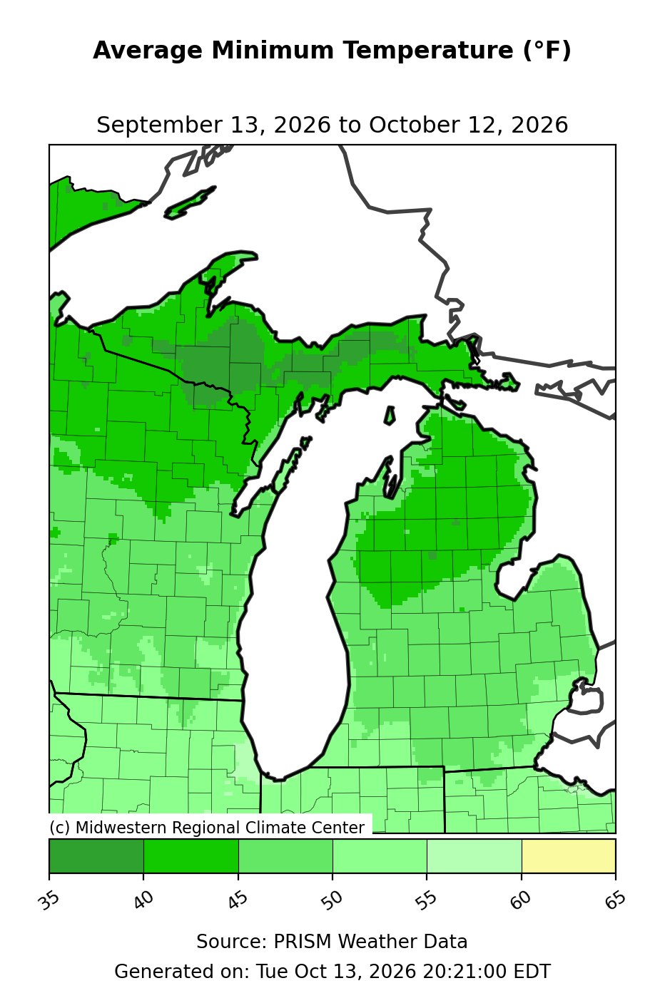 Average Low Temperature, Michigan, past 30 days. Open larger map and regional text values.