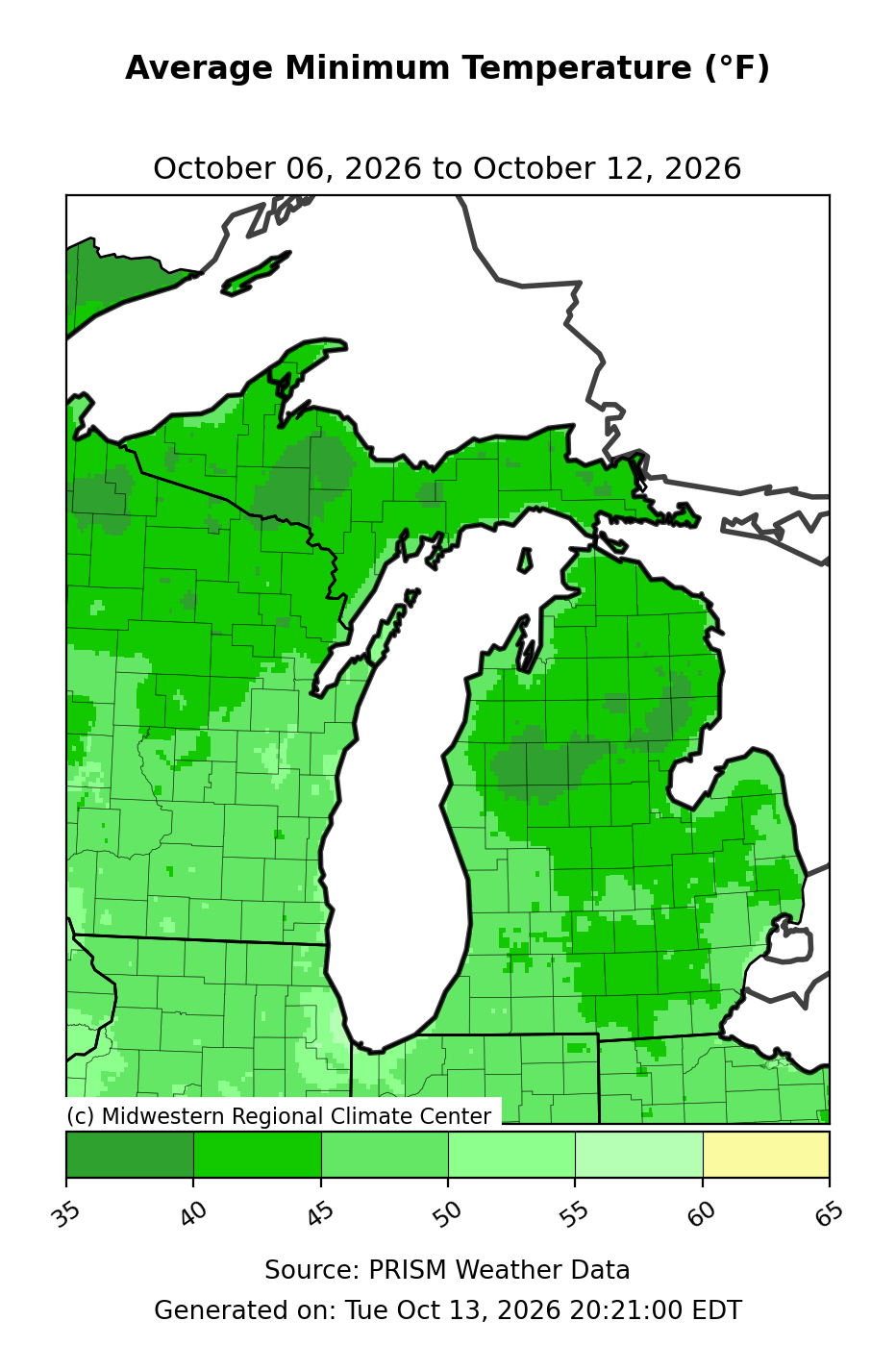 Average Low Temperature, Michigan, past 7 days. Open larger map and regional text values.