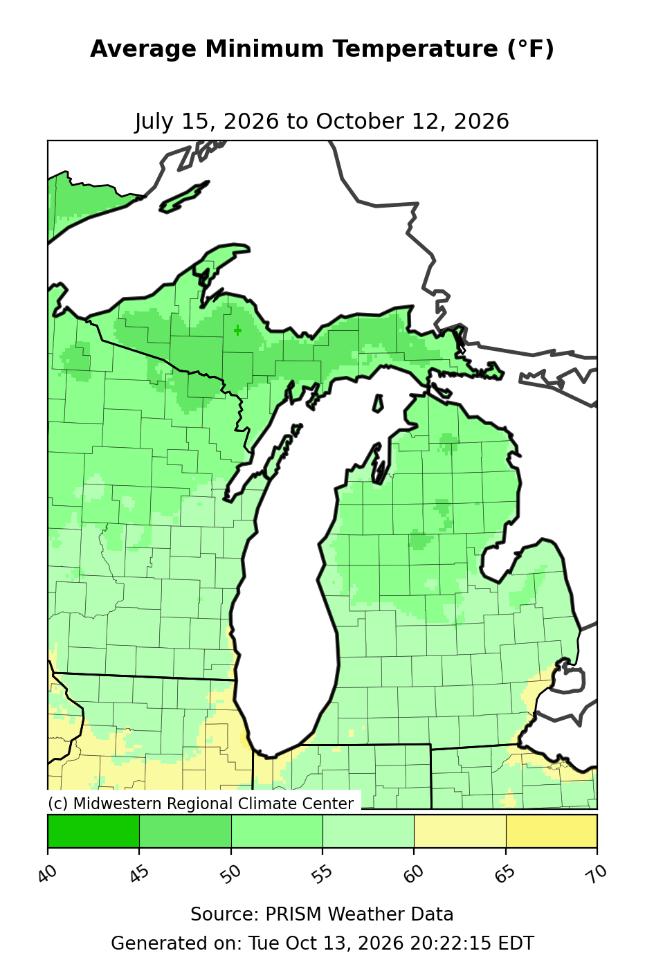 Average Low Temperature, Michigan, past 90 days. Open larger map and regional text values.