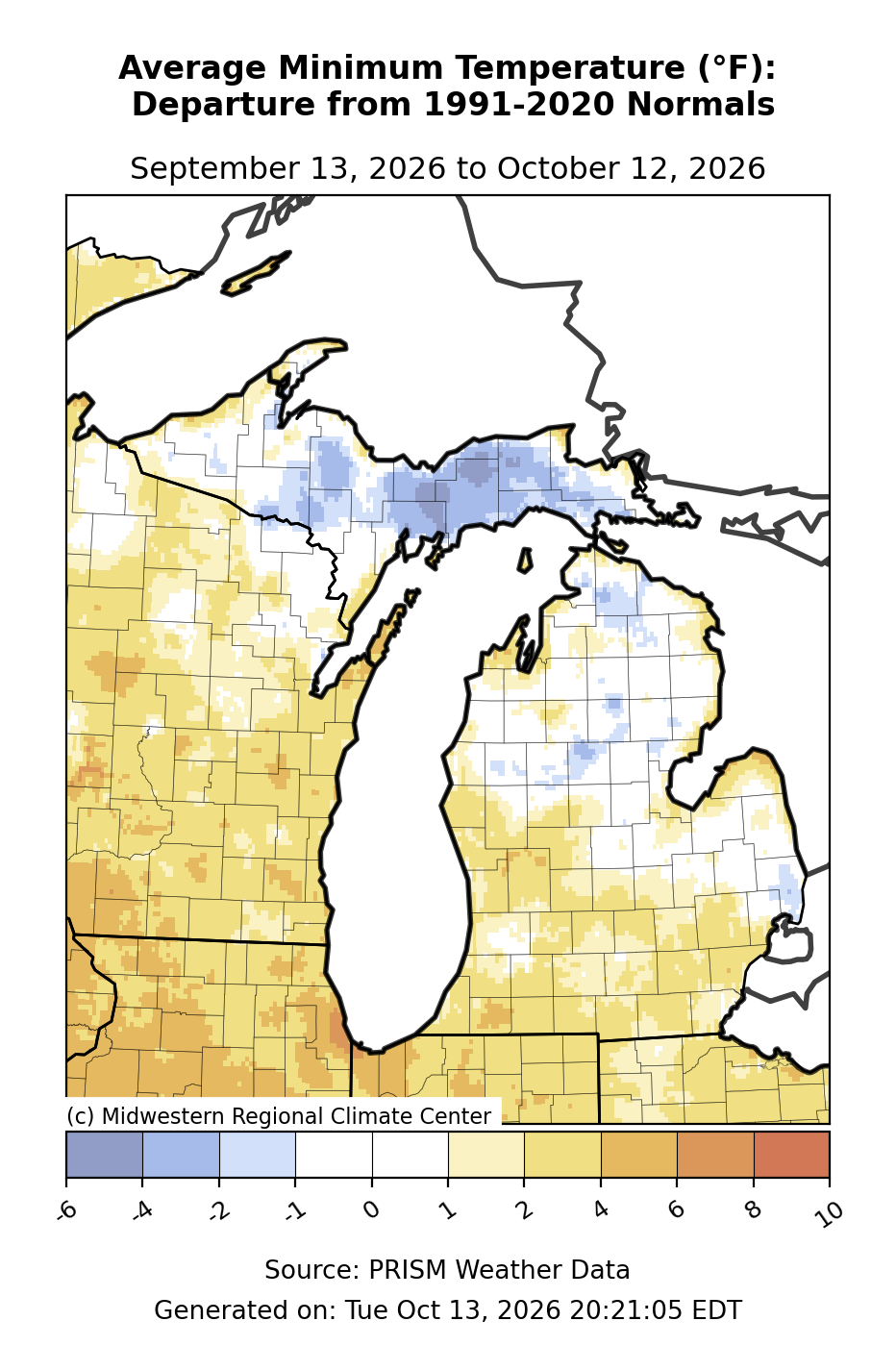 Average Low Temperature - Departure from Mean, Michigan, past 30 days. Open larger map and regional text values.