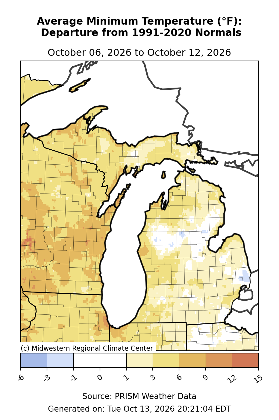 Average Low Temperature - Departure from Mean, Michigan, past 7 days. Open larger map and regional text values.