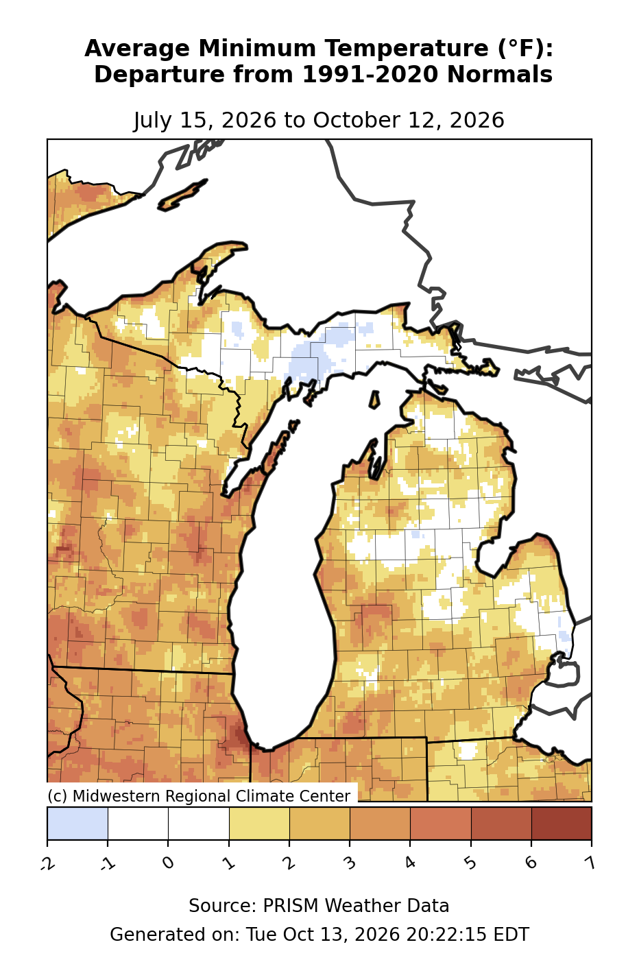 Average Low Temperature - Departure from Mean, Michigan, past 90 days. Open larger map and regional text values.